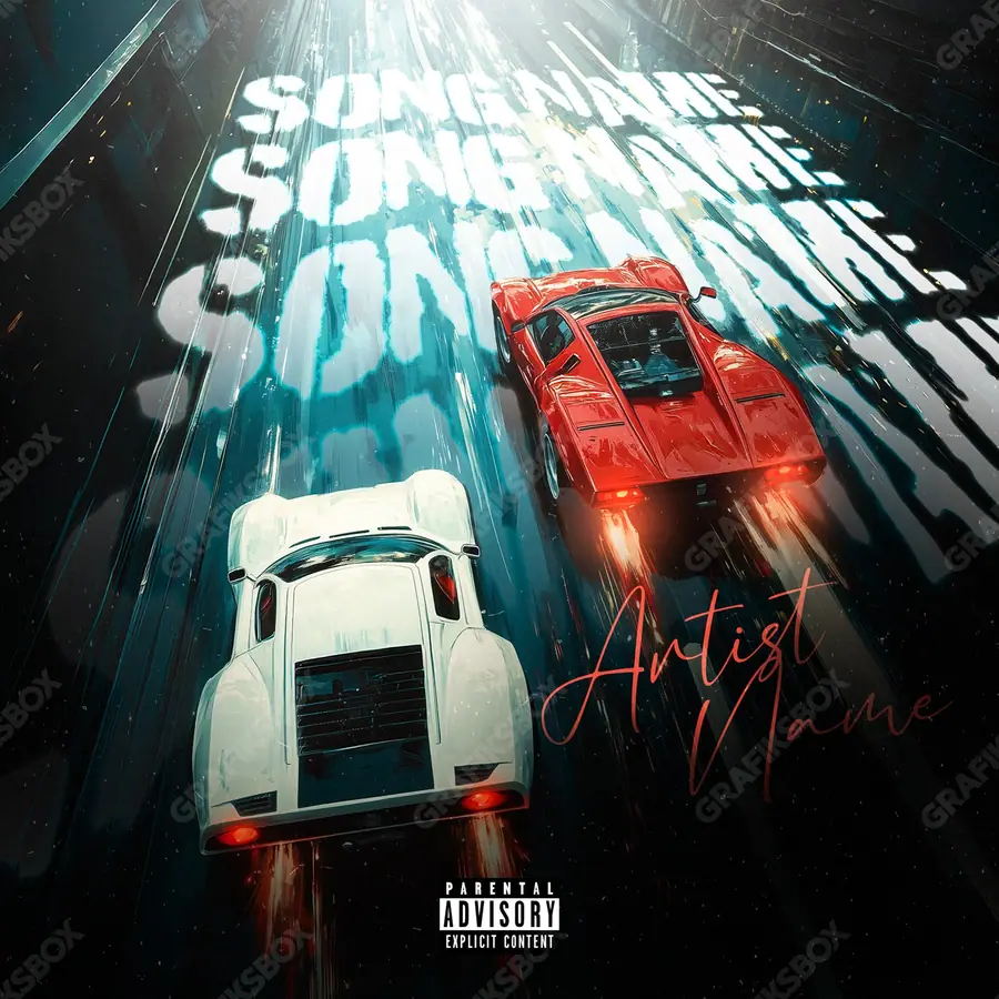 Premade album cover “Testa Race” — a car, the road and evening headlights in a blue palette