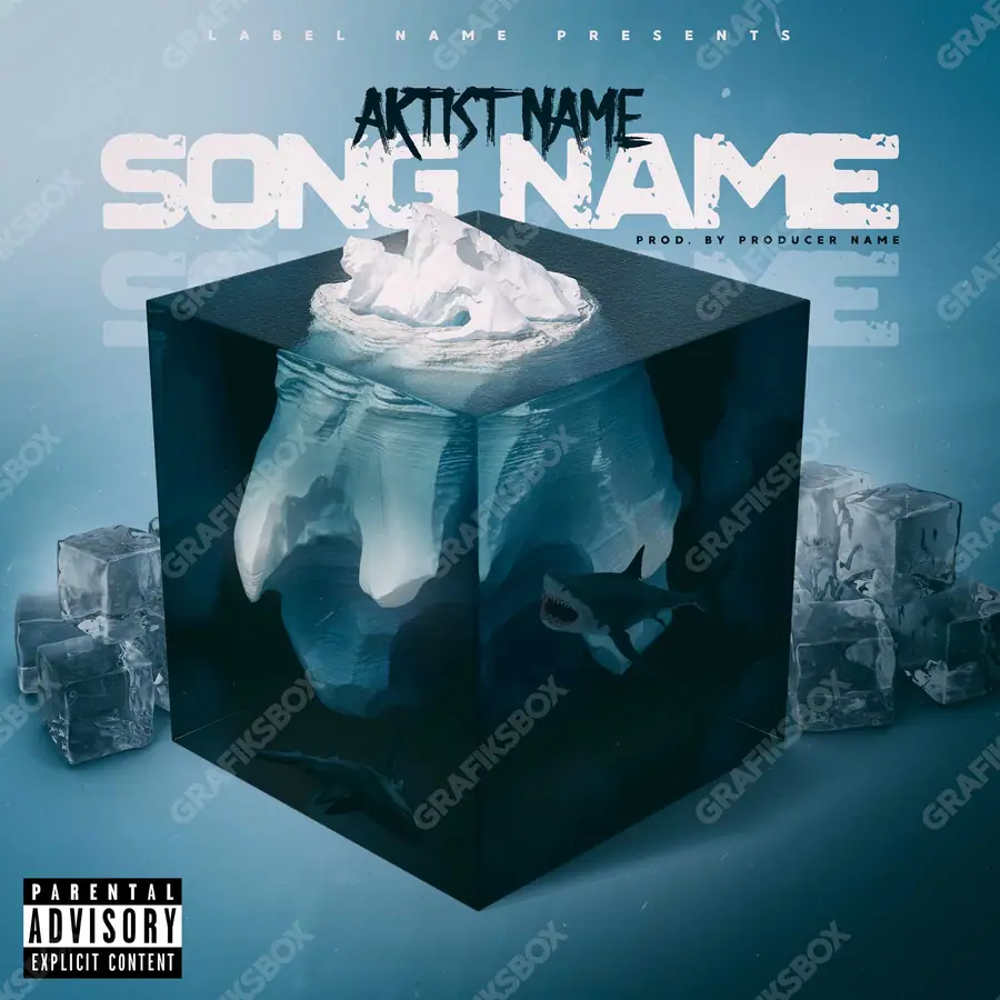 Portada de álbum prediseñada «Ice Shark» — una escena natural tranquila, con espacio para respirar, en tonos azules fríos