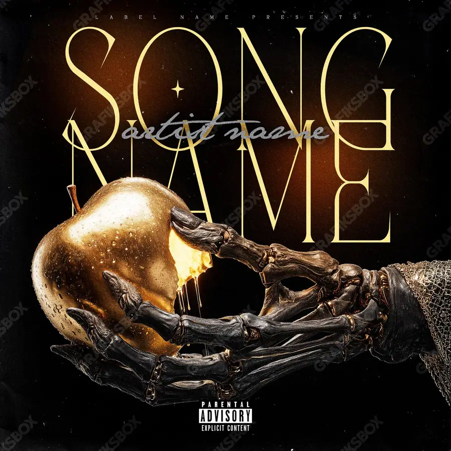Premade album cover “Golden Bite” — expensive texture — metal, stones, gloss in a gold palette