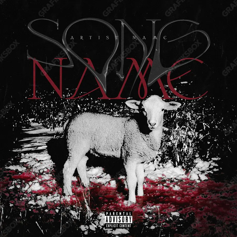 Portada de álbum prediseñada «Bloody Sheep» — imágenes duras en un encuadre de tonos bajos, en una gama roja