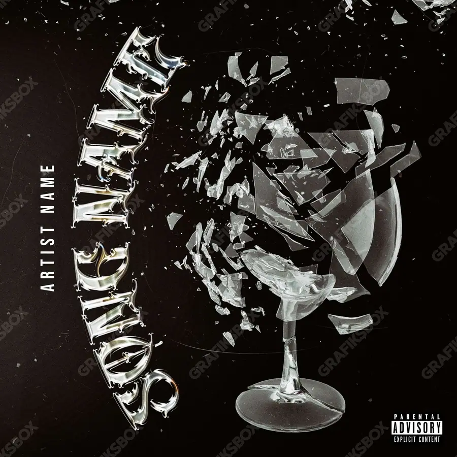 Portada de álbum prediseñada «Broken Wine» — aristas de vidrio y reflejos fríos, en una paleta monocroma