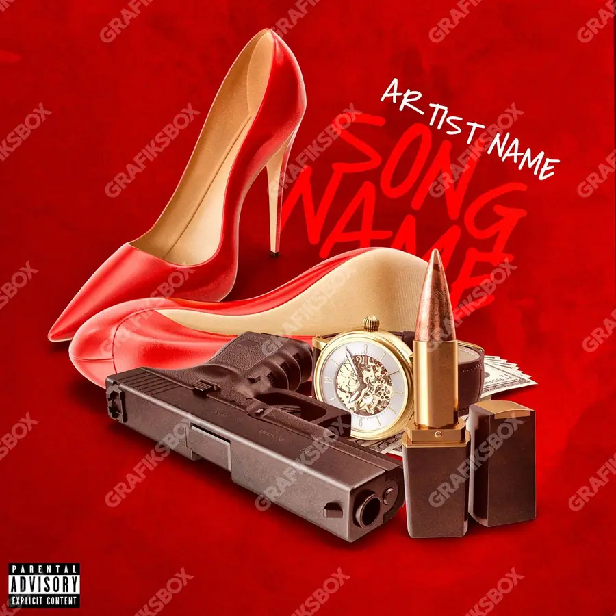 Portada de álbum prediseñada «Bae Hustler» — una idea visual original sin equivalente cercano en el catálogo, en tonos rojos intensos
