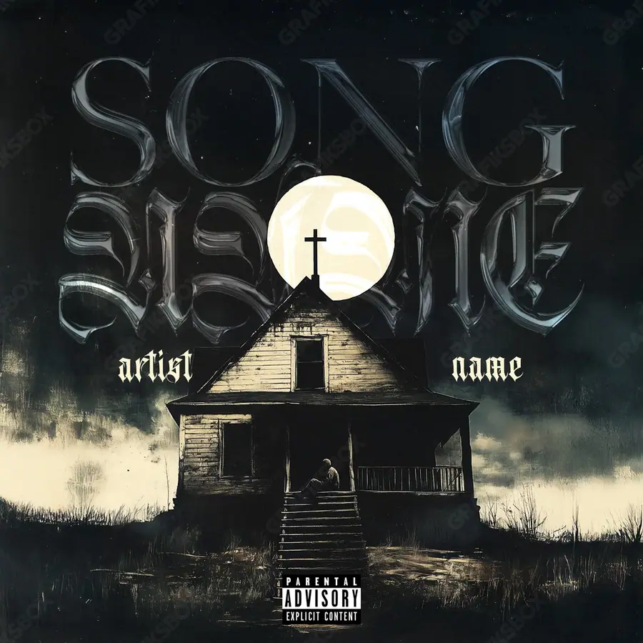 Premade album cover “Fear House” — an urban frame with dense city texture in a black and white palette