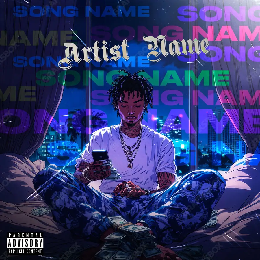 Premade album cover “Trader” — a subject with a character of its own in cool blue tones