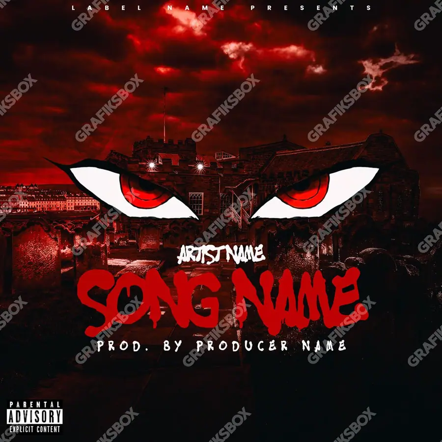 Premade album cover “Dead Eyes” — harsh imagery in a low-key frame in deep red tones