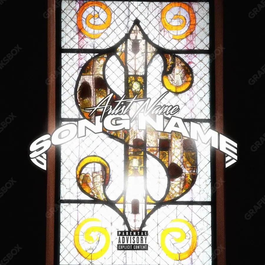 Premade album cover “Dollar Religion” — the props of wealth: gold, cash, shine in orange shades