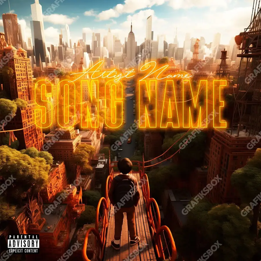Premade album cover “City View” — a street scene with windows and late evening light in orange shades
