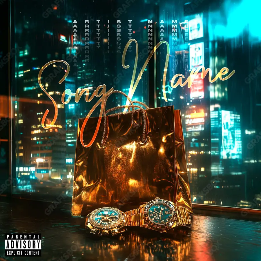 Premade album cover “Golden Bag” — the props of wealth: gold, cash, shine in warm gold tones