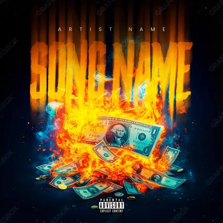 Premade album cover “Money Bonfire” — expensive texture — metal, stones, gloss in an orange palette