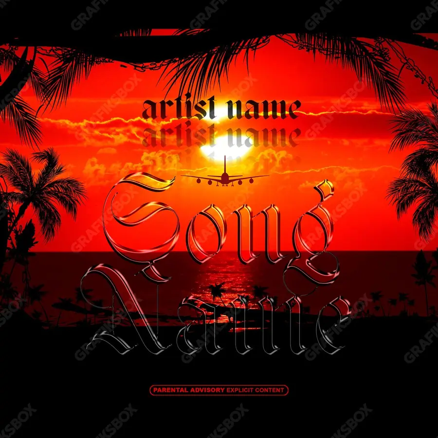 Portada de álbum prediseñada «Paradise Landing» — una idea visual original sin equivalente cercano en el catálogo, en una gama roja