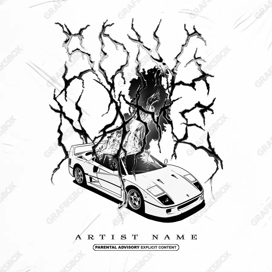 Готовая обложка для трека с автомобилем «Engine Fire» — автомобиль в кадре и ощущение скорости, в чёрно-белом
