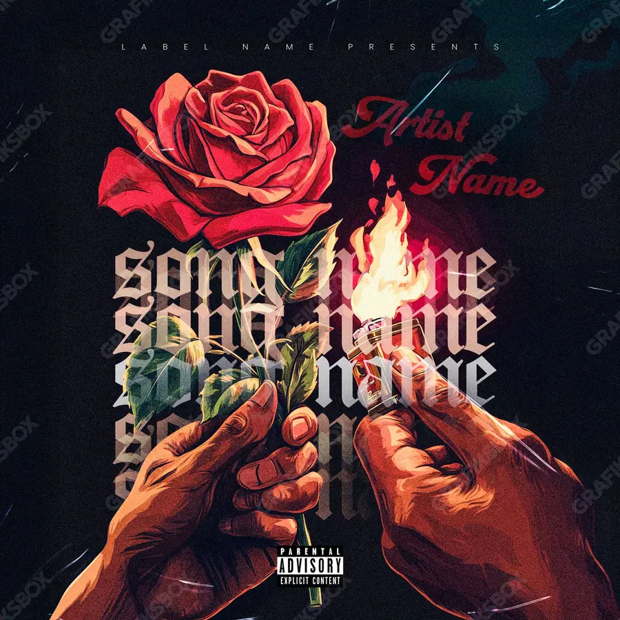 Premade album cover “Burns Rose” — flowers in frame and a soft colour range in deep red tones