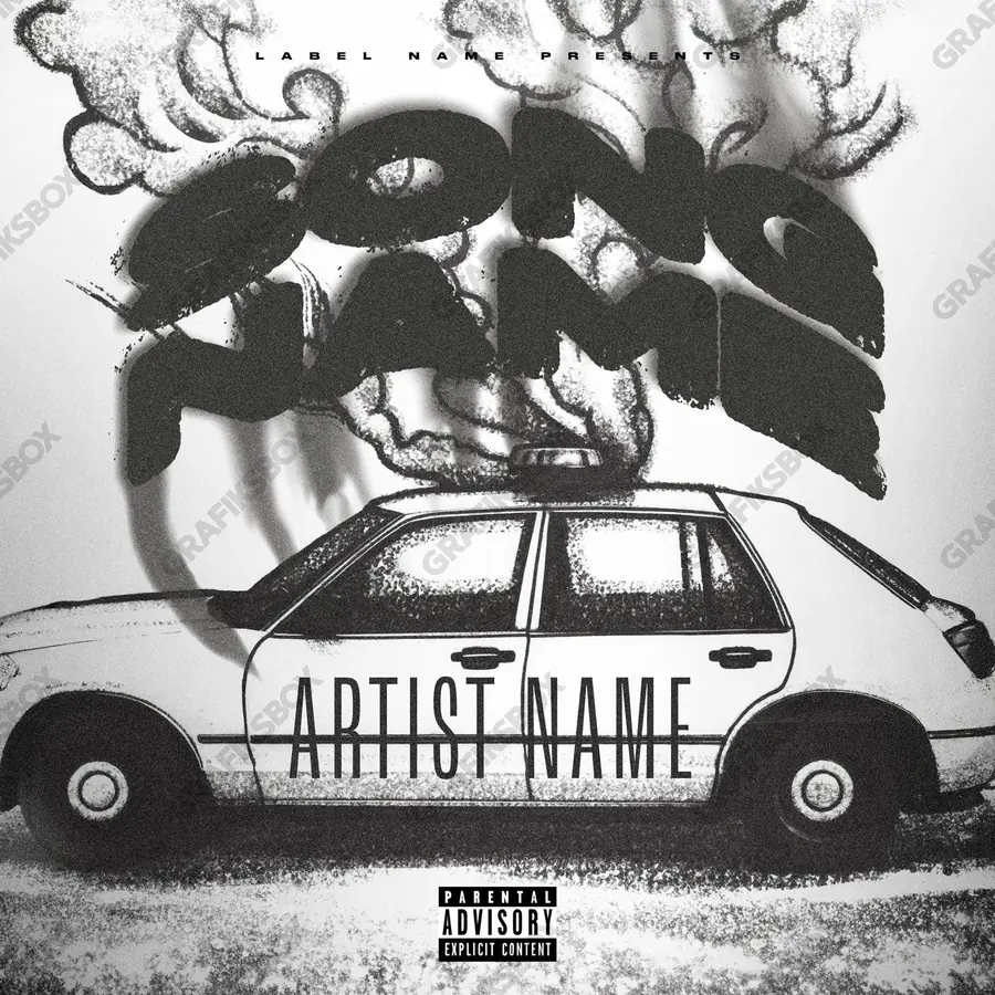 Premade album cover “Police Destruction” — an original visual idea with no close match in the catalogue in a black and white palette