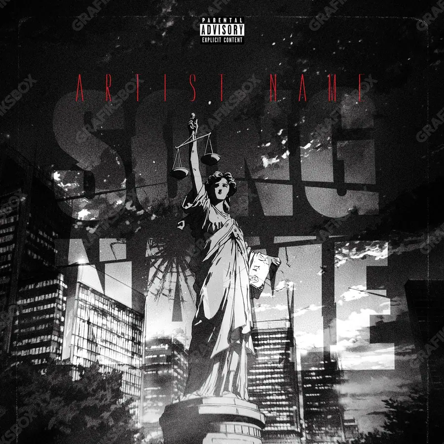 Portada de álbum prediseñada «Justice City» — una escena urbana con ventanas y luz de atardecer, en una paleta monocroma