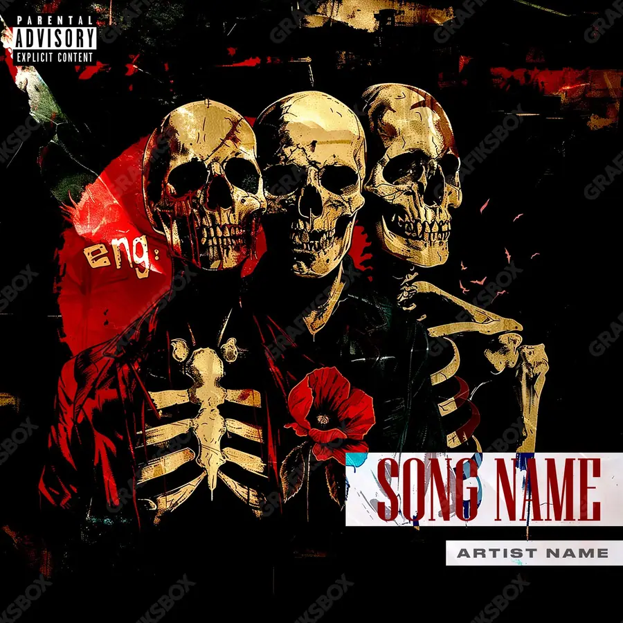 Premade album cover “Death Trio” — dark art with a heavy atmosphere in a red palette