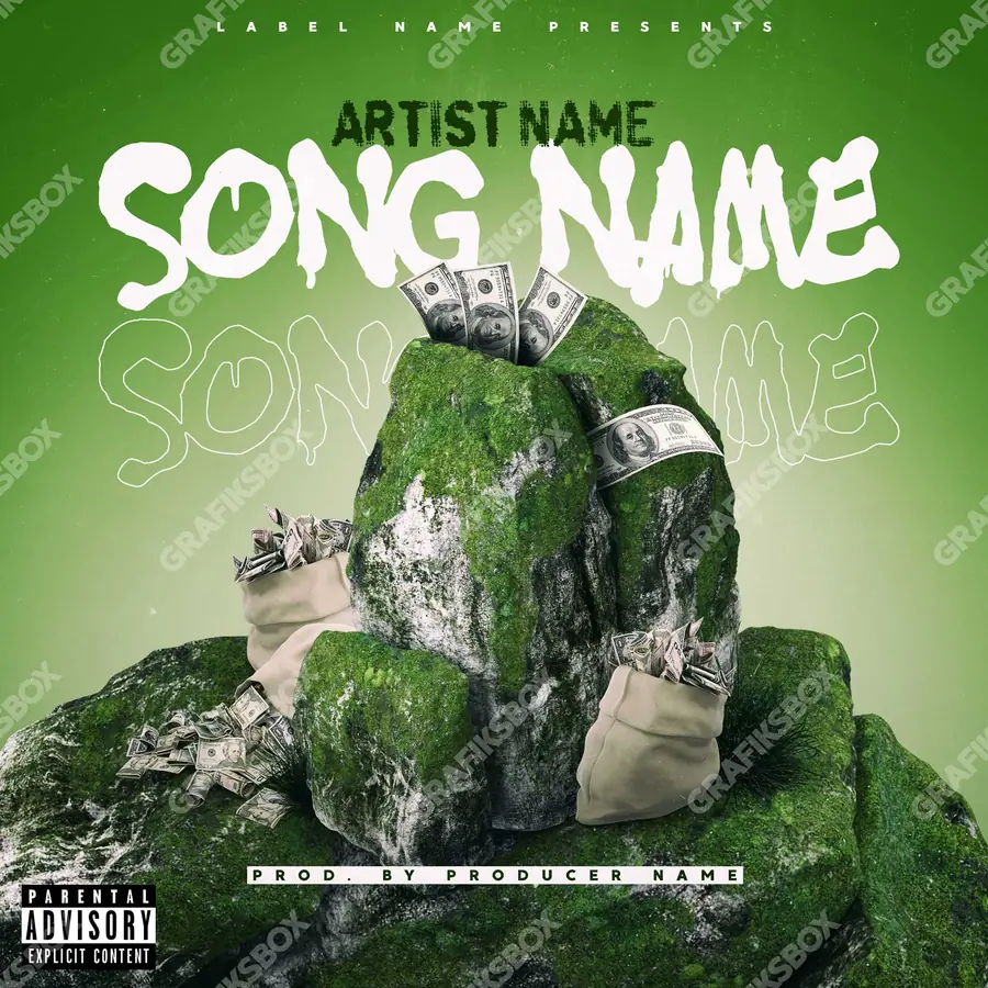 Premade album cover “Money Rock” — the props of wealth: gold, cash, shine in a green palette