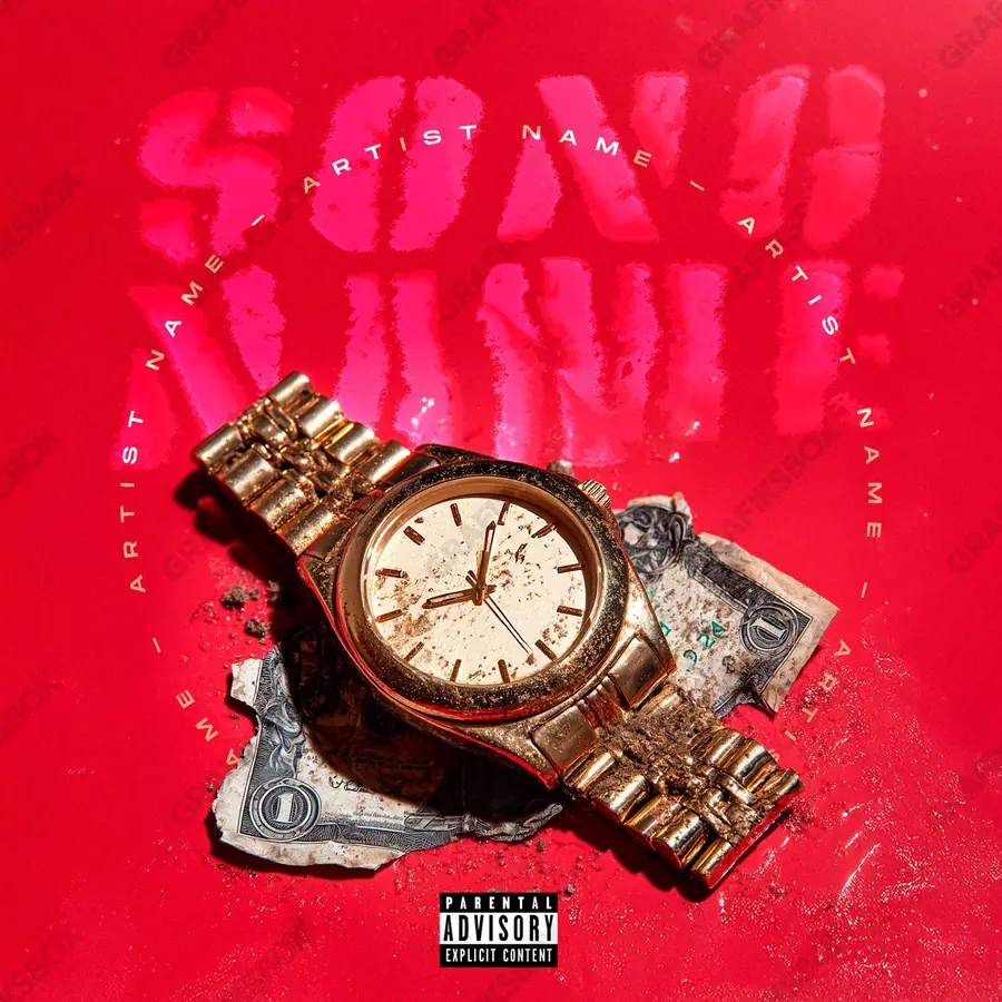 Premade album cover “Time in Dollars” — a frame about status, gold under heavy light in deep red tones