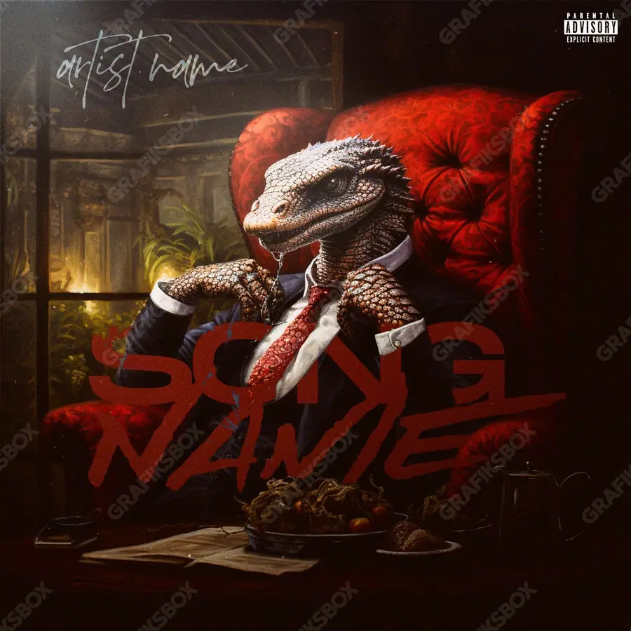 Portada de álbum prediseñada «Reptil» — una idea visual original sin equivalente cercano en el catálogo, en una gama roja