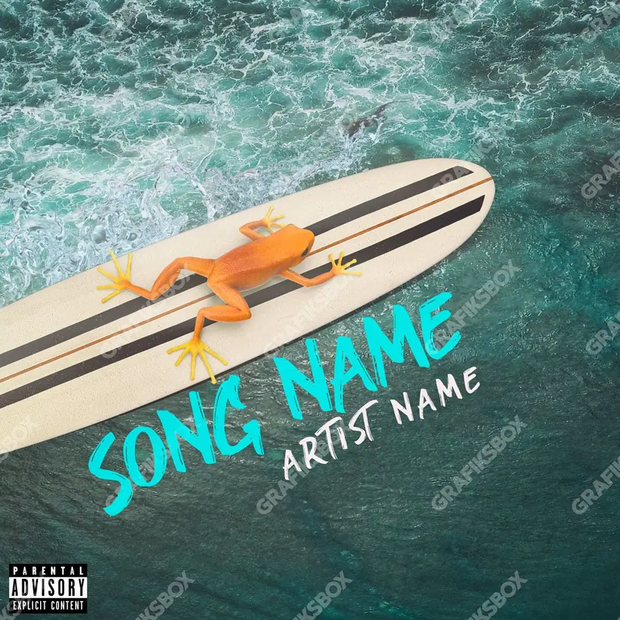 Portada de álbum prediseñada «Surfing Frog» — una idea visual original sin equivalente cercano en el catálogo, en una gama azul