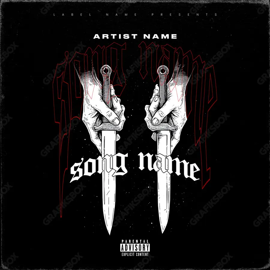 Portada de álbum prediseñada «Double Knife» — arte oscuro con una atmósfera pesada, en una gama en blanco y negro