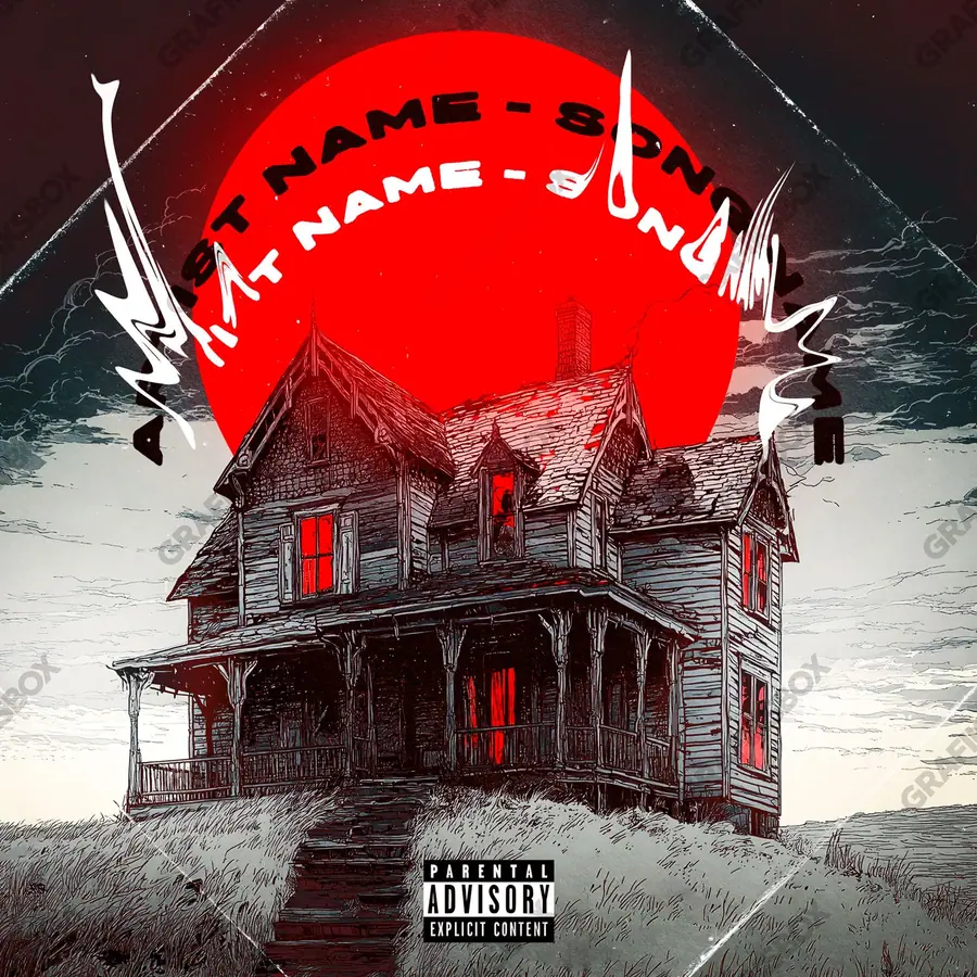 Premade album cover “Whispers House” — an urban frame with dense city texture in a red palette
