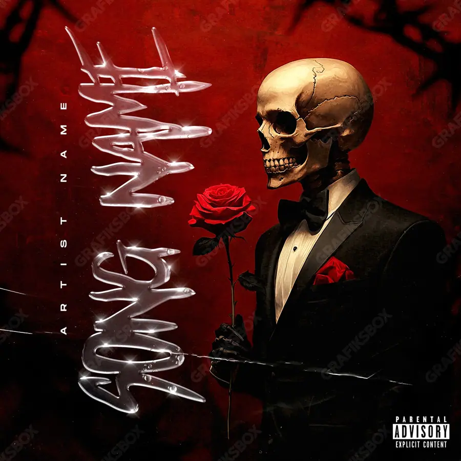 Portada de álbum prediseñada «Death Conquers» — imágenes duras en un encuadre de tonos bajos, en tonos rojos intensos