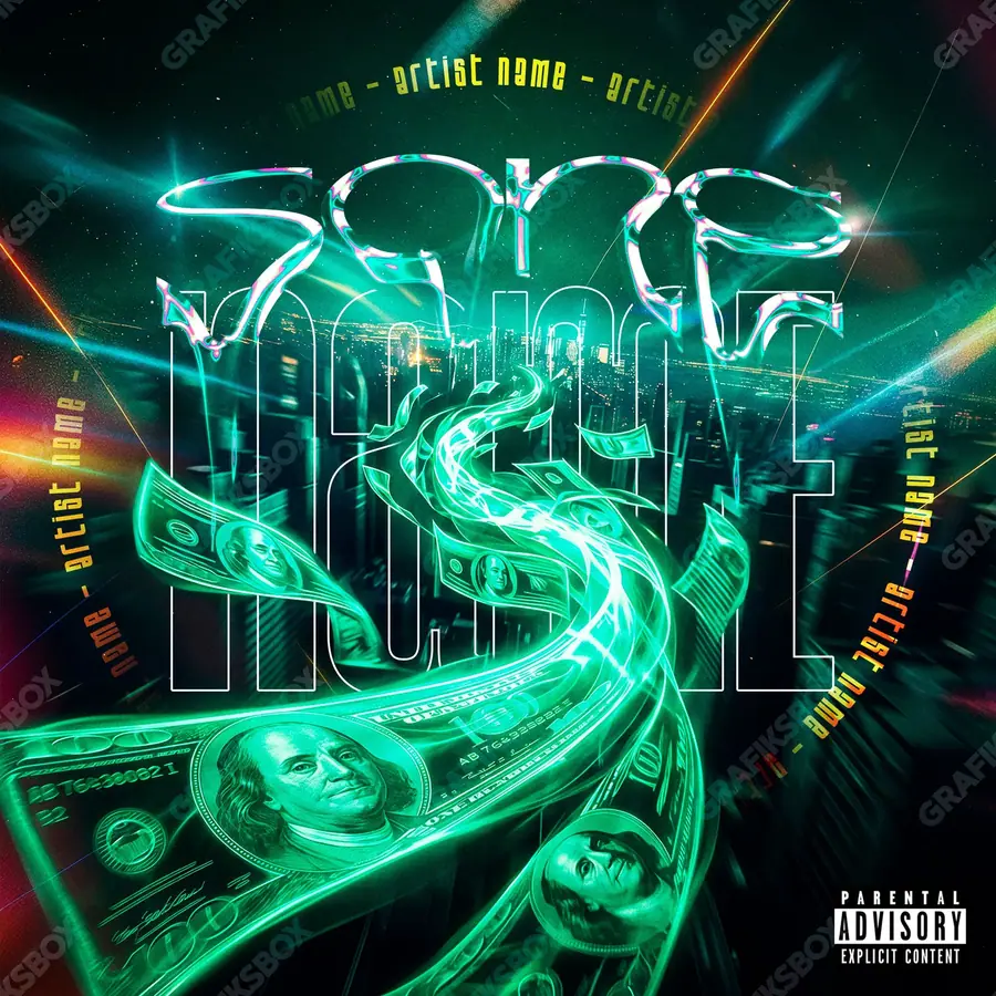 Premade album cover “Speed Money” — the props of wealth: gold, cash, shine in a blue palette