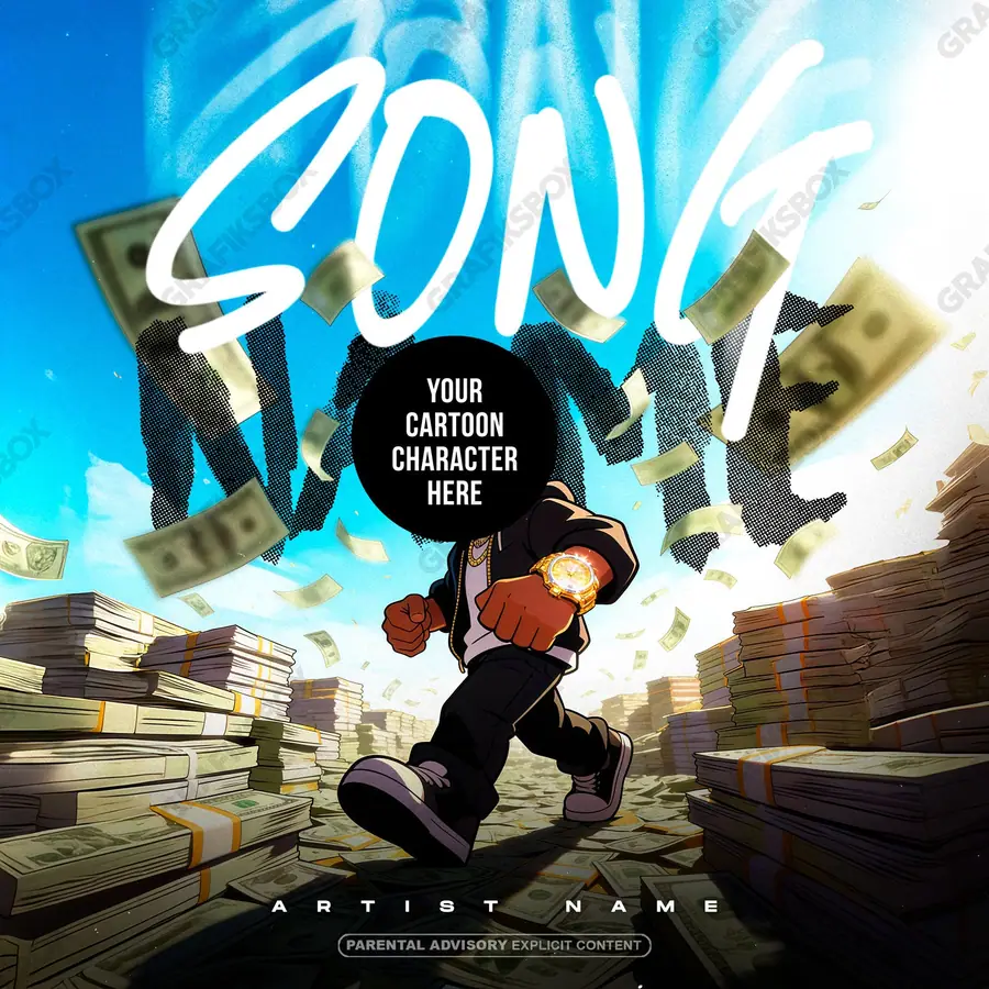 Portada de álbum prediseñada «Walking on Cash» — los signos del lujo: oro, dinero, brillo, en una gama azul