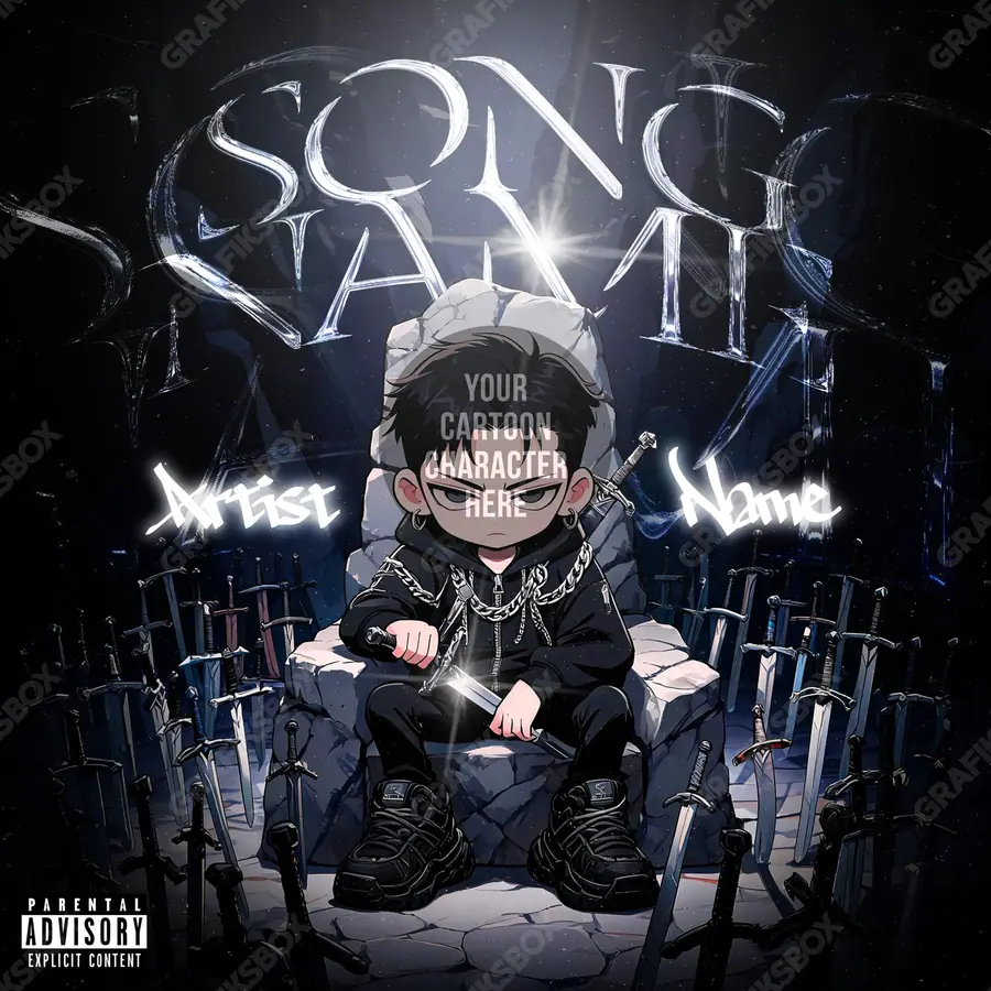 Portada de álbum prediseñada «Sword Kingdom» — una idea visual original sin equivalente cercano en el catálogo, en una gama en blanco y negro