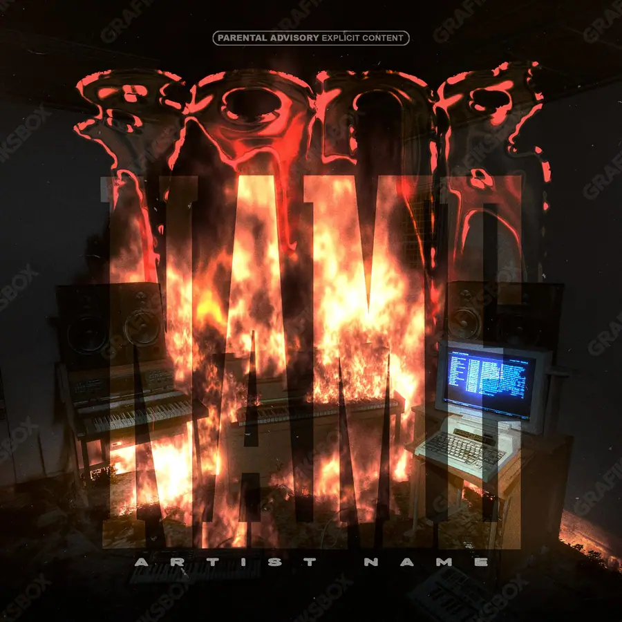 Portada de álbum prediseñada «Hack Fire» — un encuadre caliente: chispas, calor, humo, en una gama naranja