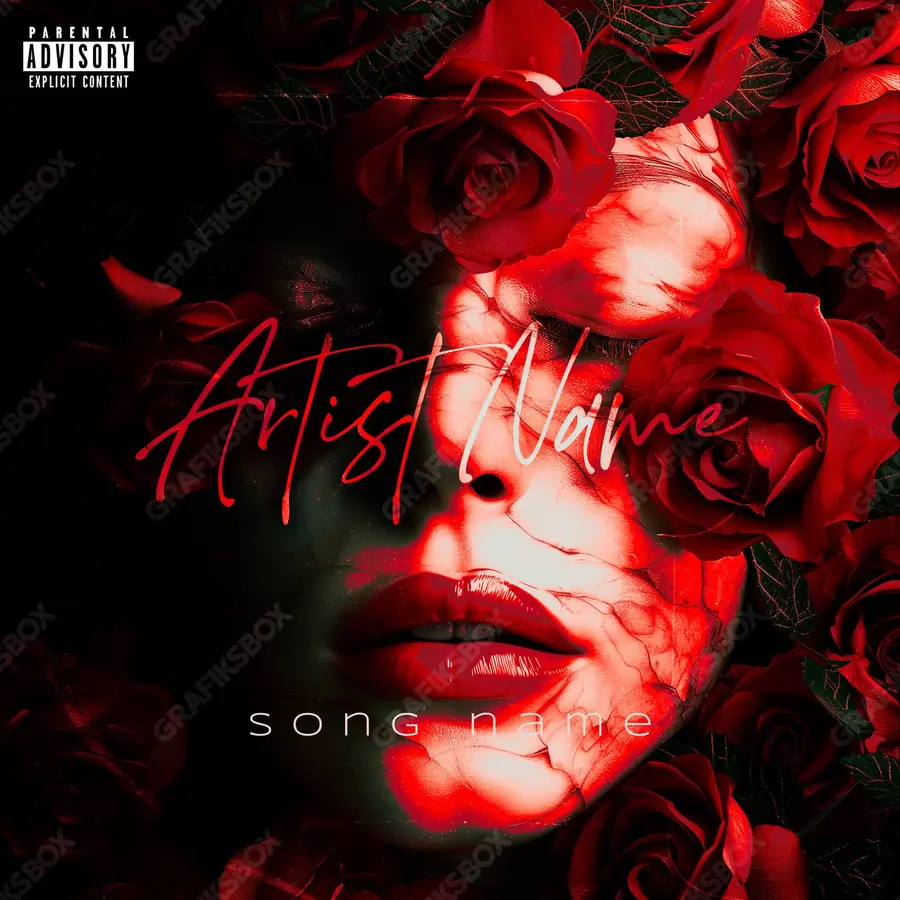 Premade album cover “Rose Face” — a floral composition under delicate light in deep red tones