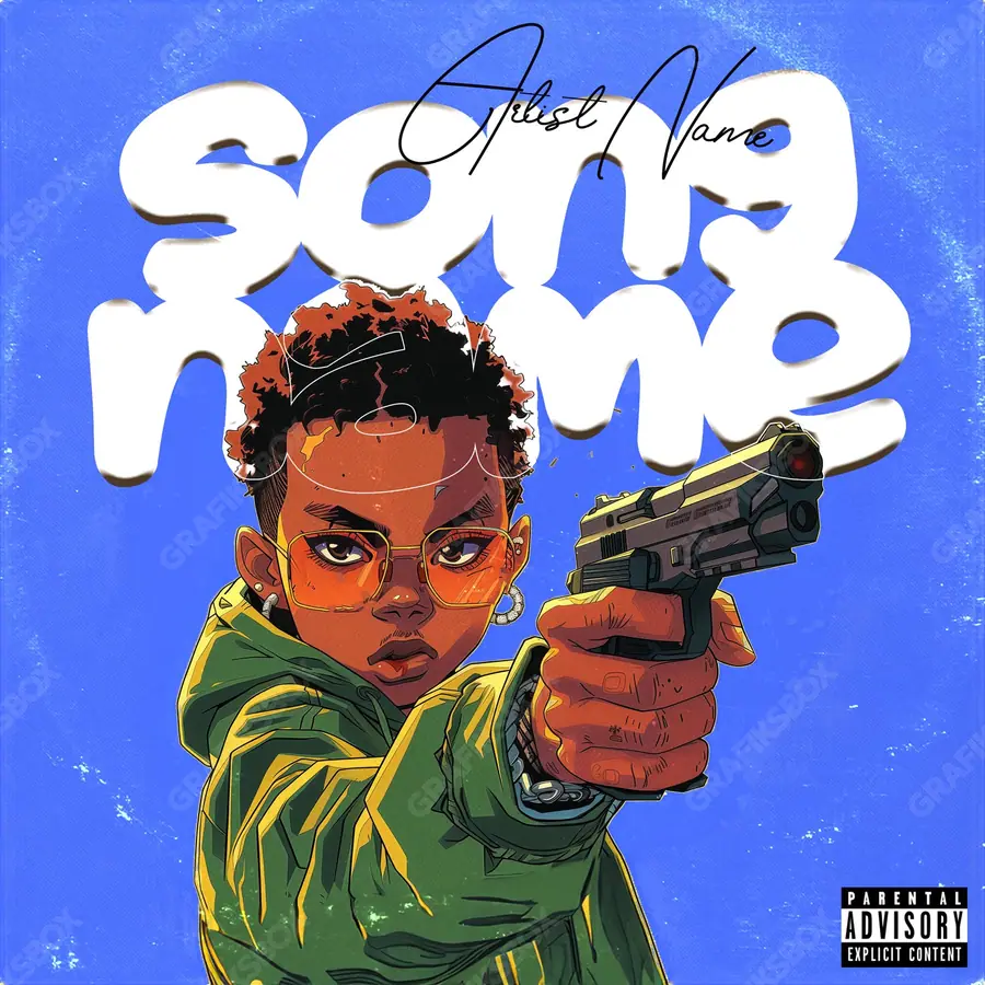 Premade album cover “Pull Trigger” — an original visual idea with no close match in the catalogue in a blue palette