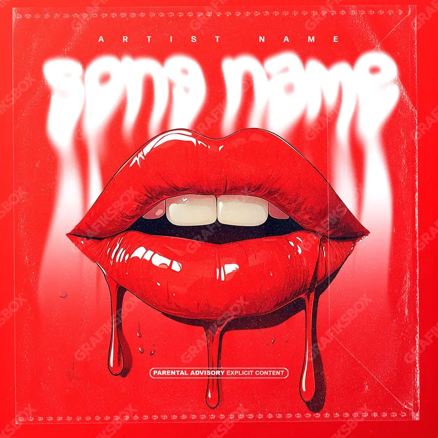 Premade album cover “Greedy Lips” — a female subject shot with soft, directional light in deep red tones