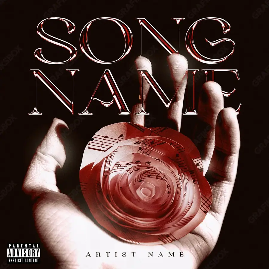 Portada de álbum prediseñada «Love Song» — un encuadre romántico con luz cálida, en una gama roja