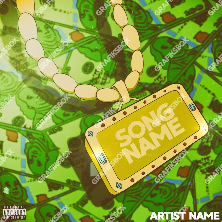 Premade album cover “look my Chain” — the props of wealth: gold, cash, shine in green shades