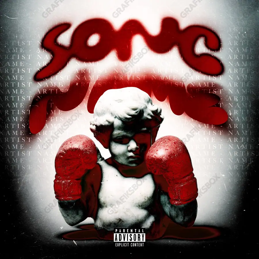 Premade album cover “Saint Box” — an original visual idea with no close match in the catalogue in deep red tones