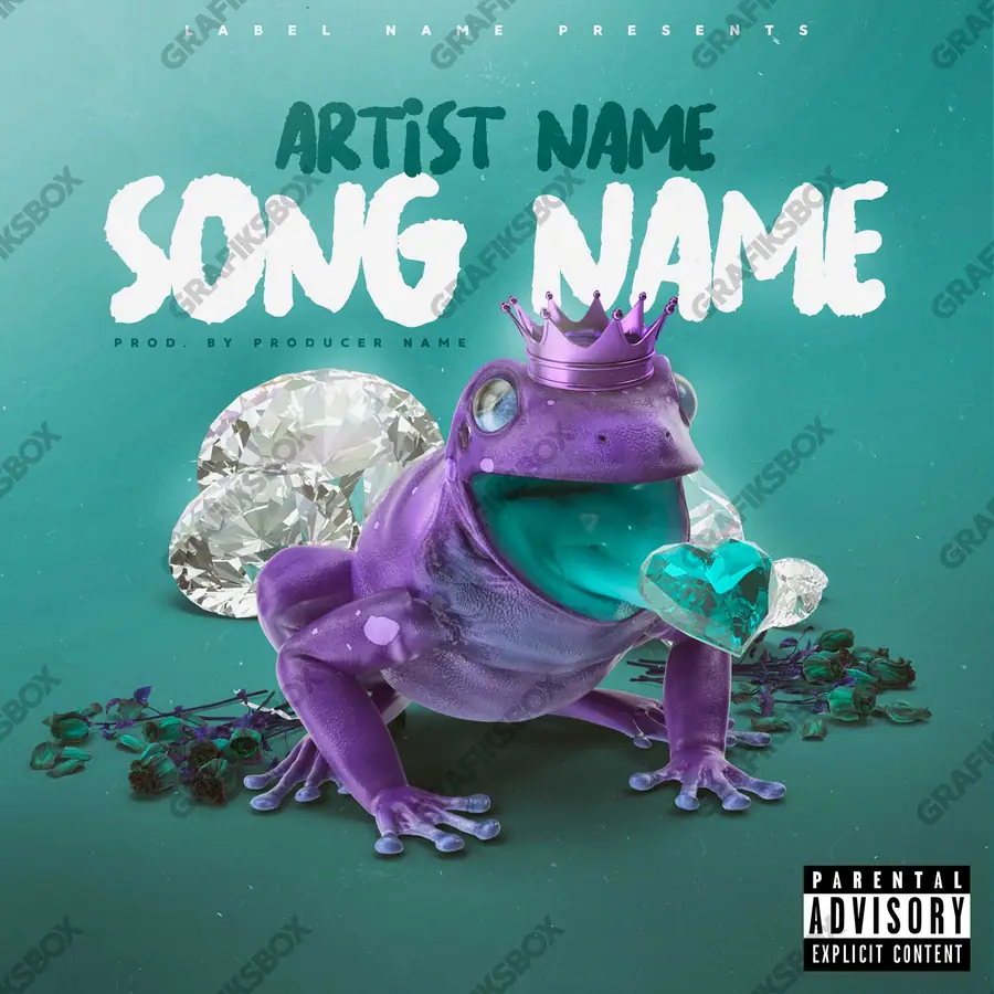 Premade album cover “Diamond Frog” — expensive texture — metal, stones, gloss in a blue palette