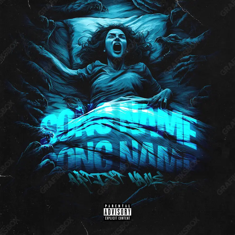 Portada de álbum prediseñada «Panic Bed» — un encuadre que no encaja en una sola categoría, en tonos azules fríos