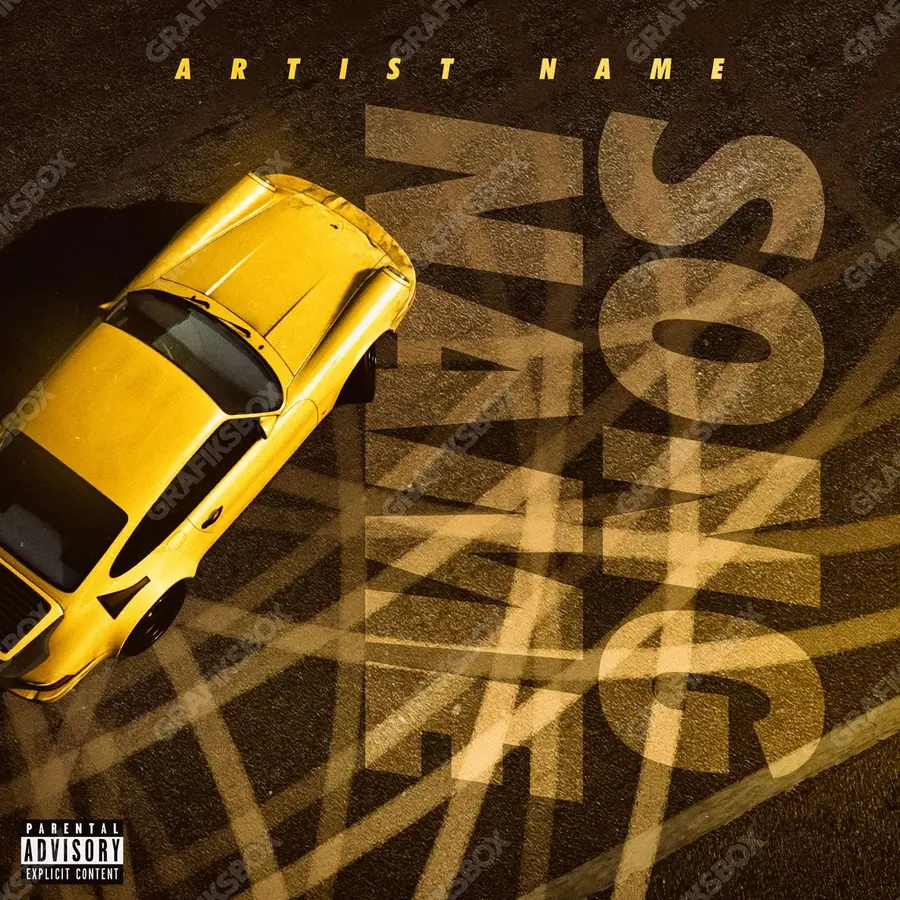 Portada de álbum prediseñada «Drift» — el capó, el asfalto y las luces de la autopista, en matices anaranjados