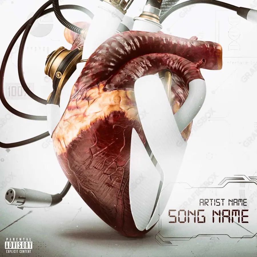 Premade album cover “Vs Machine” — wires and machines, VHS and early digital in deep red tones