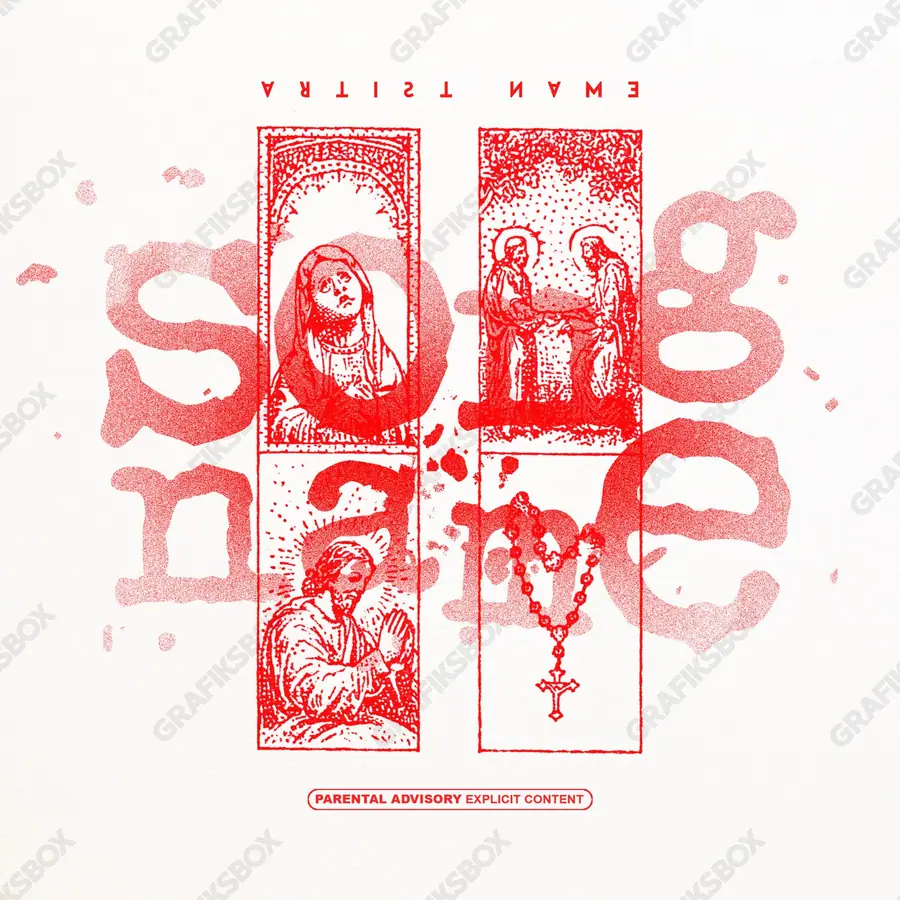 Portada de álbum prediseñada «The Holy Stamp» — una idea visual original sin equivalente cercano en el catálogo, en tonos rojos intensos