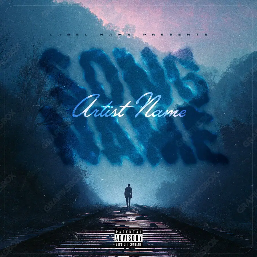 Premade album cover “Lone Road” — a city in frame — asphalt, storefronts and reflections in cool blue tones