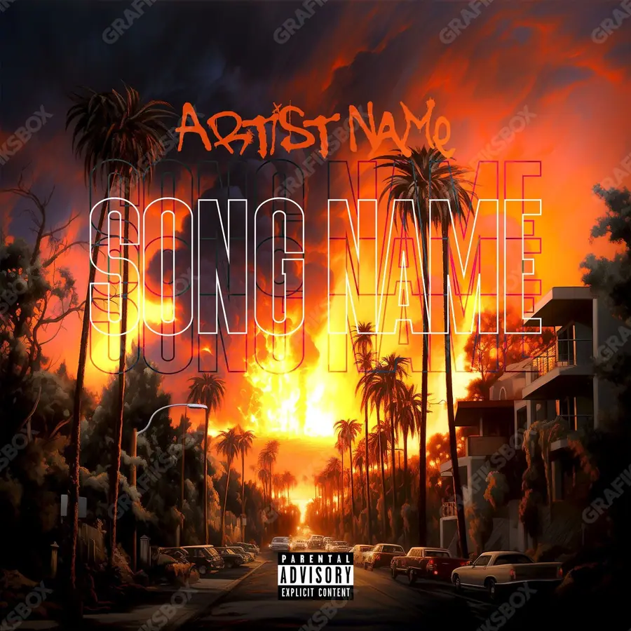 Premade album cover “Cali Fire” — a hot frame: sparks, heat, smoke in an orange palette