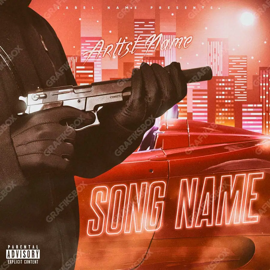 Premade album cover “Crime City” — an urban frame with dense city texture in a red palette