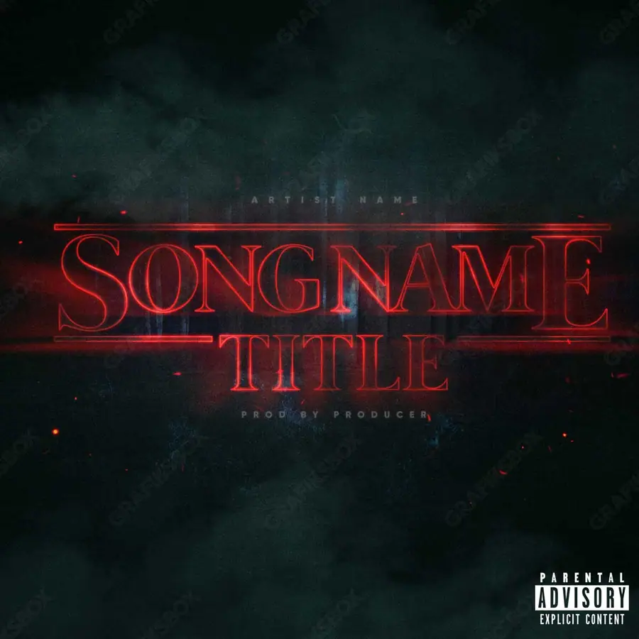 Portada de álbum prediseñada «Stranger Thingstag» — una idea visual original sin equivalente cercano en el catálogo, en tonos rojos intensos