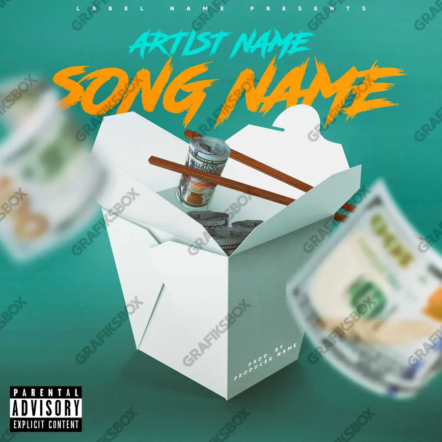 Premade album cover “Dollar Food” — the props of wealth: gold, cash, shine in cool blue tones