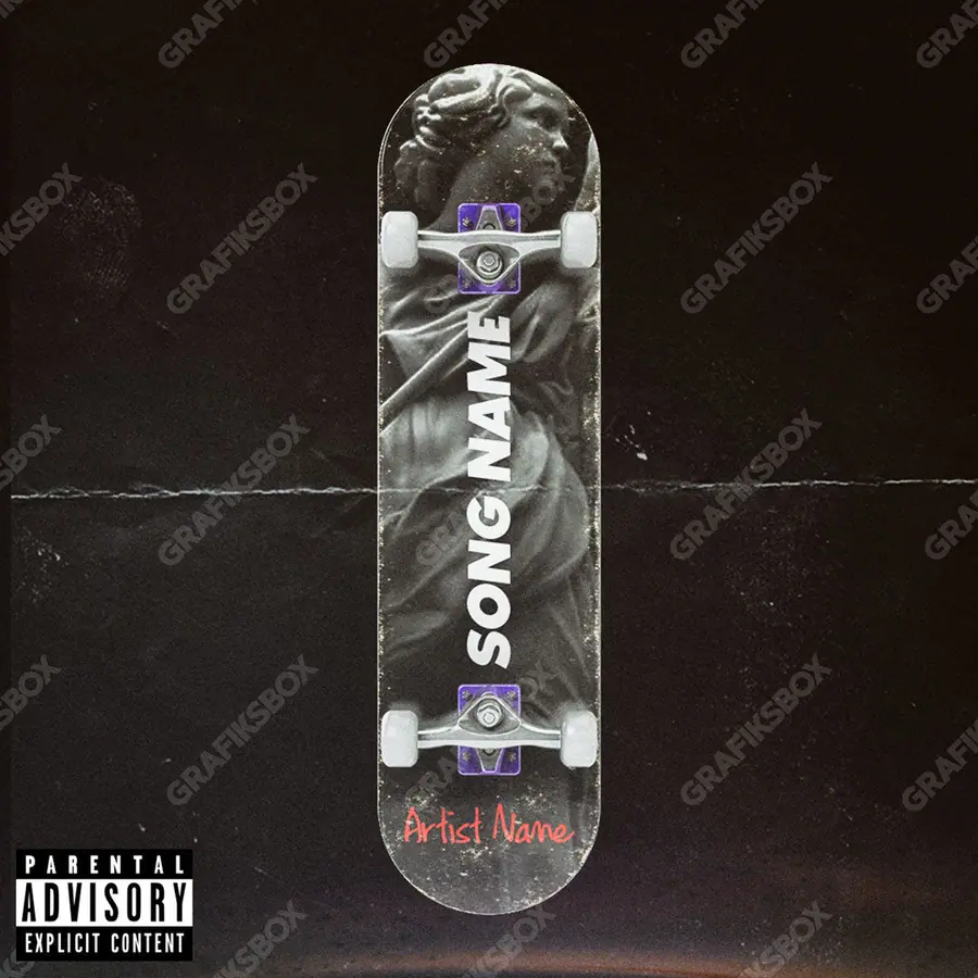 Portada de álbum prediseñada «Skateboard» — una idea visual original sin equivalente cercano en el catálogo, en una gama en blanco y negro