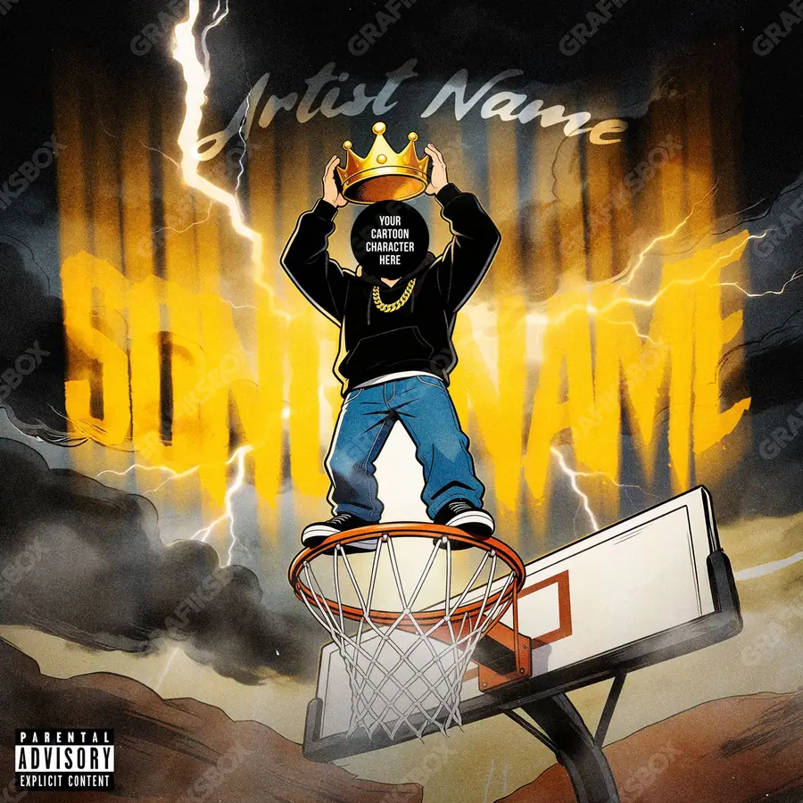 Portada de álbum prediseñada «Court King» — un protagonista de frente y casi ningún adorno, en matices anaranjados