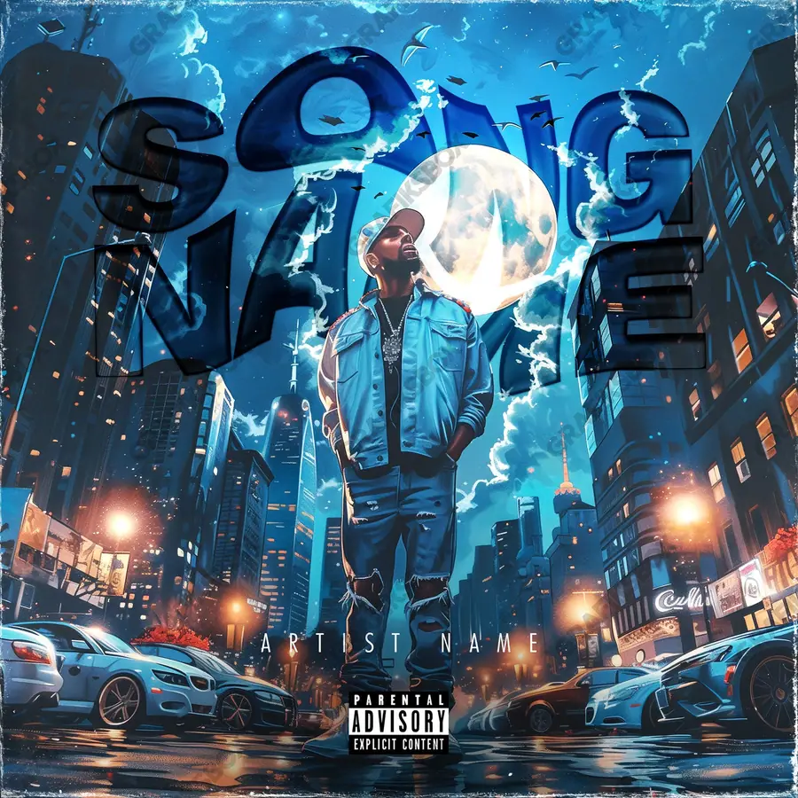 Premade album cover “City Owner” — a city in frame — asphalt, storefronts and reflections in cool blue tones