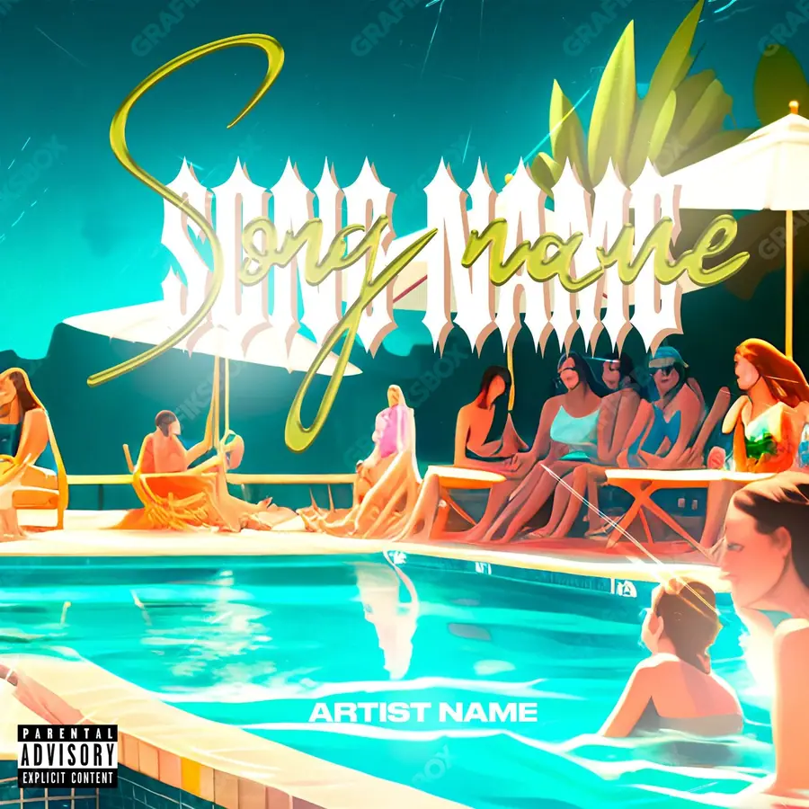 Portada de álbum prediseñada «Pool Party» — una idea visual original sin equivalente cercano en el catálogo, en una gama azul